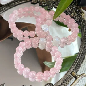vòng tay thạch anh hồng mix moonstone hạt tròn pastel phong thủy Phước Lộc Đà Nẵng