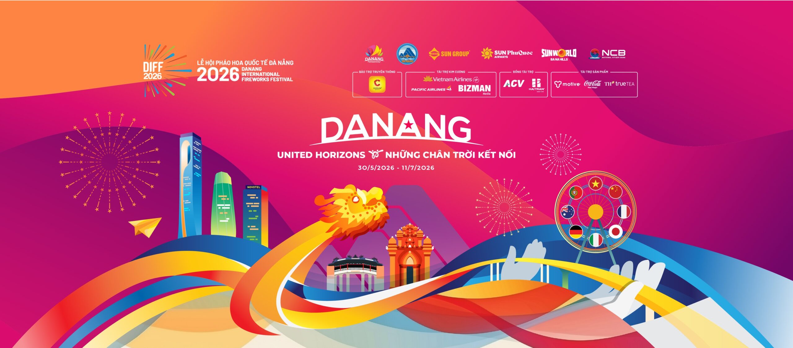 Banner chính thức lễ hội pháo hoa quốc tế Đà Nẵng DIFF 2026 United Horizons