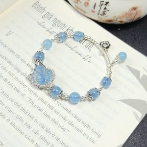 Lắc bạc đá aquamarine mix charm hồ ly phong thủy Phước Lộc Đà Nẵng