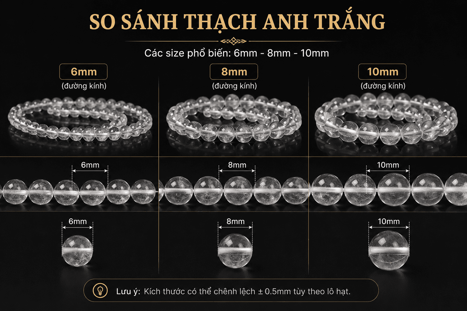 So sánh size hạt vòng thạch anh trắng phong thủy Phước Lộc Đà Nẵng