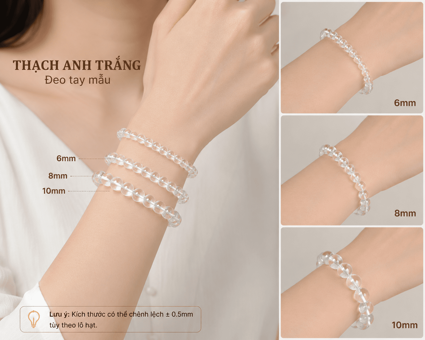 Vòng thạch anh trắng phong thủy đeo tay nữ Phước Lộc Đà Nẵng
